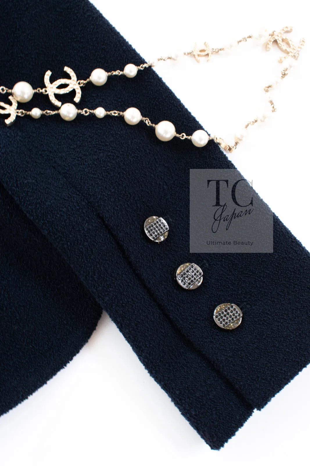 CHANEL 12C Navy Rhinestone CC Buttons Wool Tweed Jacket 38 シャネル ネイビー ラインストーン CC ボタン ウール ツイード ジャケット 即発