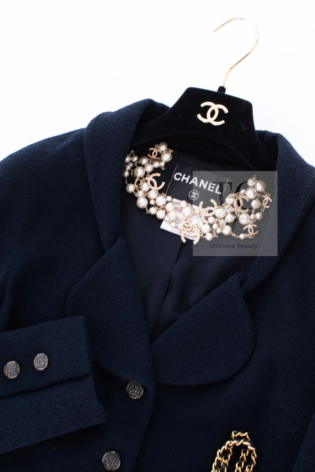 CHANEL 12C Navy Rhinestone CC Buttons Wool Tweed Jacket 38 シャネル ネイビー ラインストーン CC ボタン ウール ツイード ジャケット 即発