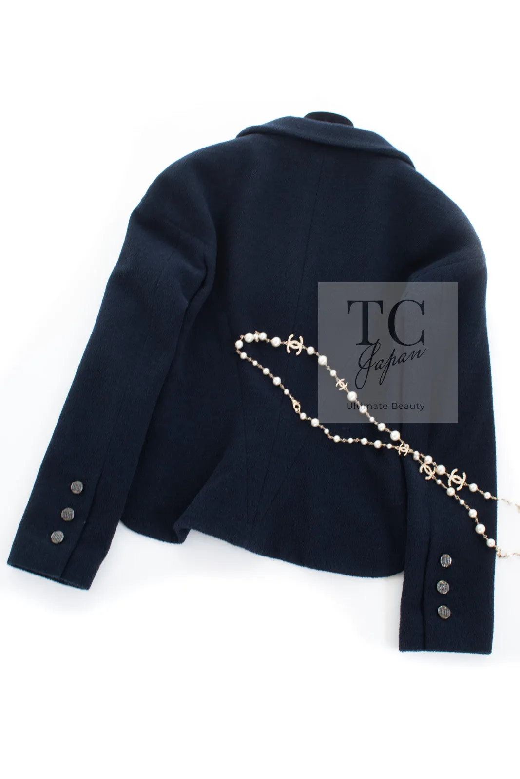CHANEL 12C Navy Rhinestone CC Buttons Wool Tweed Jacket 38 シャネル ネイビー ラインストーン CC ボタン ウール ツイード ジャケット 即発
