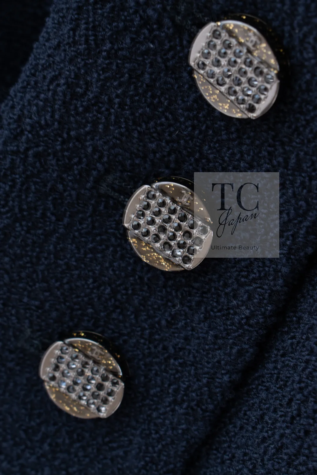 CHANEL 12C Navy Rhinestone CC Buttons Wool Tweed Jacket 38 シャネル ネイビー ラインストーン CC ボタン ウール ツイード ジャケット 即発