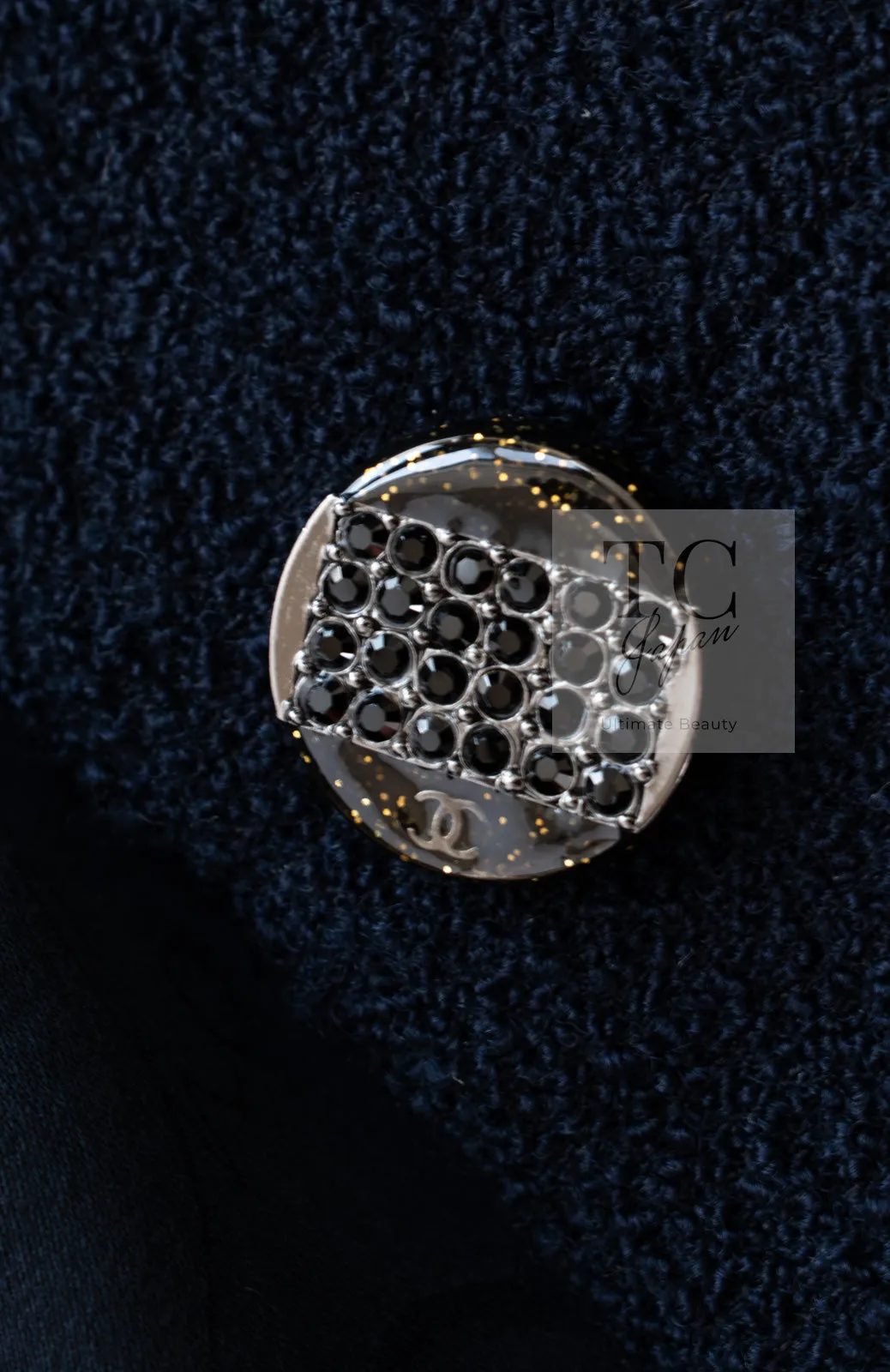 CHANEL 12C Navy Rhinestone CC Buttons Wool Tweed Jacket 38 シャネル ネイビー ラインストーン CC ボタン ウール ツイード ジャケット 即発