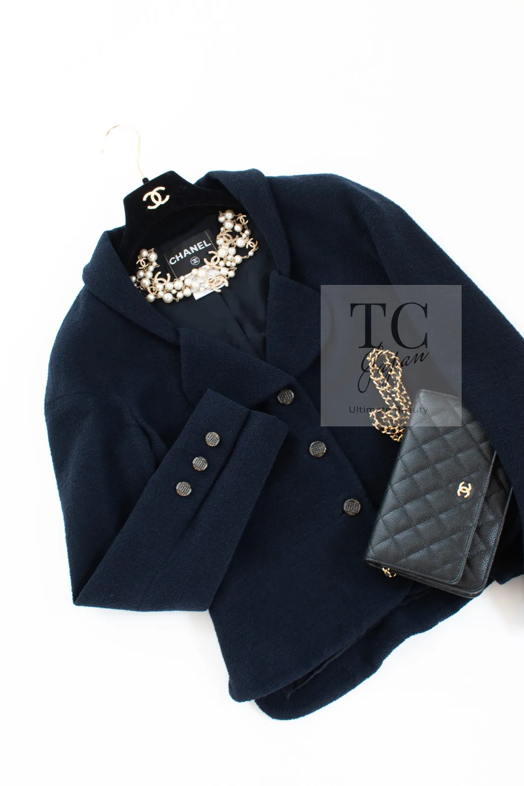 CHANEL 12C Navy Rhinestone CC Buttons Wool Tweed Jacket 38 シャネル ネイビー ラインストーン CC ボタン ウール ツイード ジャケット 即発