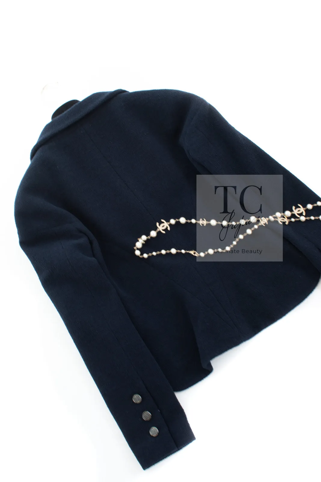 CHANEL 12C Navy Rhinestone CC Buttons Wool Tweed Jacket 38 シャネル ネイビー ラインストーン CC ボタン ウール ツイード ジャケット 即発