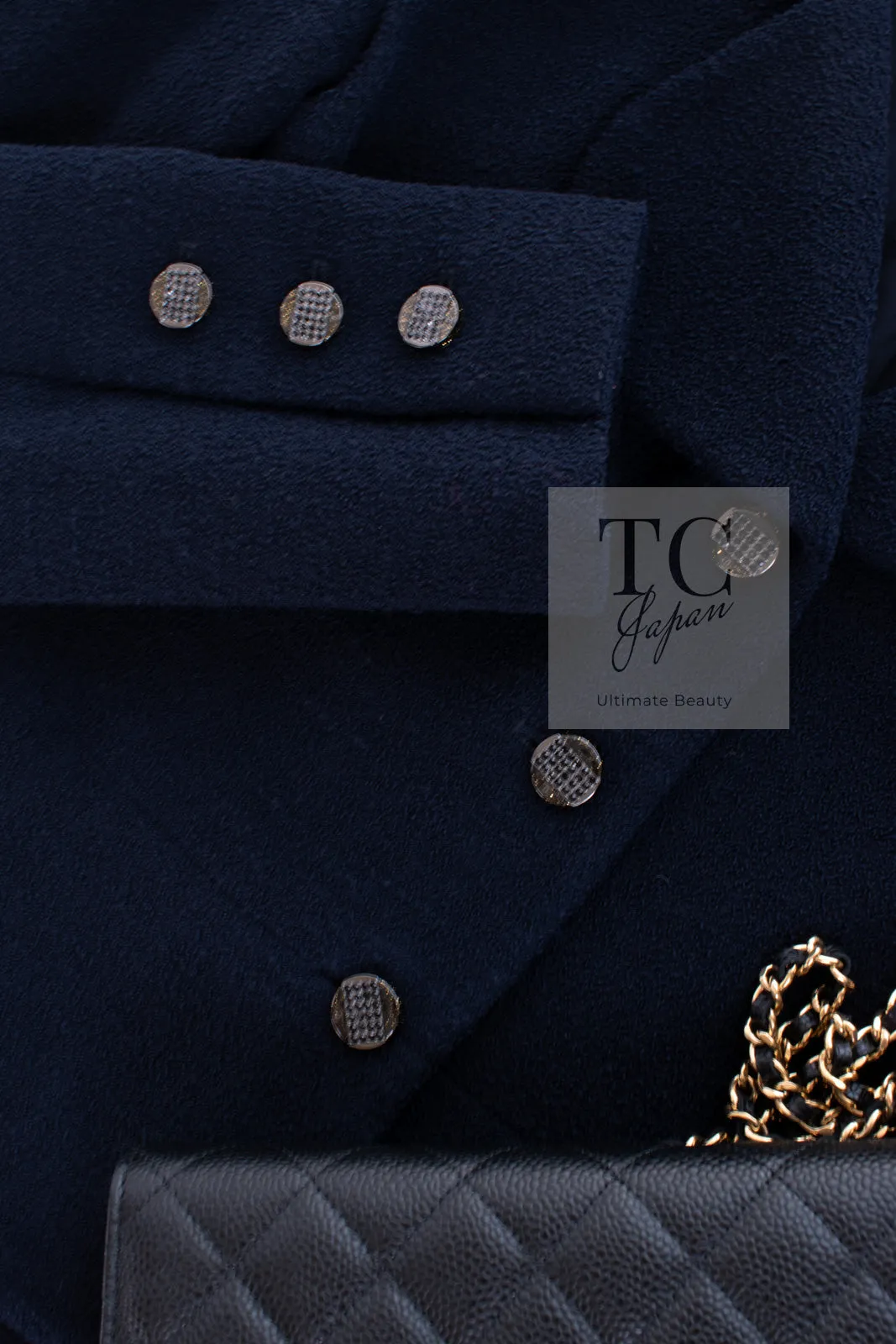 CHANEL 12C Navy Rhinestone CC Buttons Wool Tweed Jacket 38 シャネル ネイビー ラインストーン CC ボタン ウール ツイード ジャケット 即発