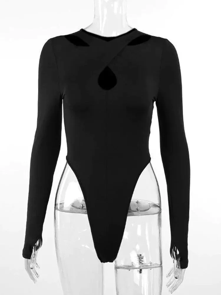 Cnyishe Sexy Club Solid Women Bodysuits Hollow Out Long Slevee Sim Sheath Streetwear Regular Casual Fashion Rompers Tees Tops