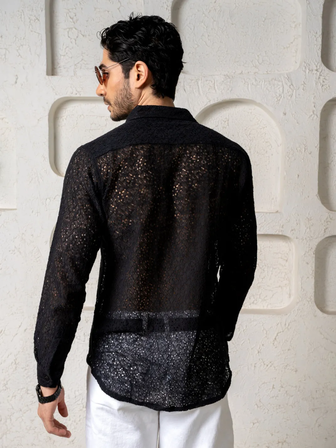 Crochet Cotton Black Floral Lace Shirt For Men - Full Sleeves(Take One Size Bigger Than Your Usual Size)