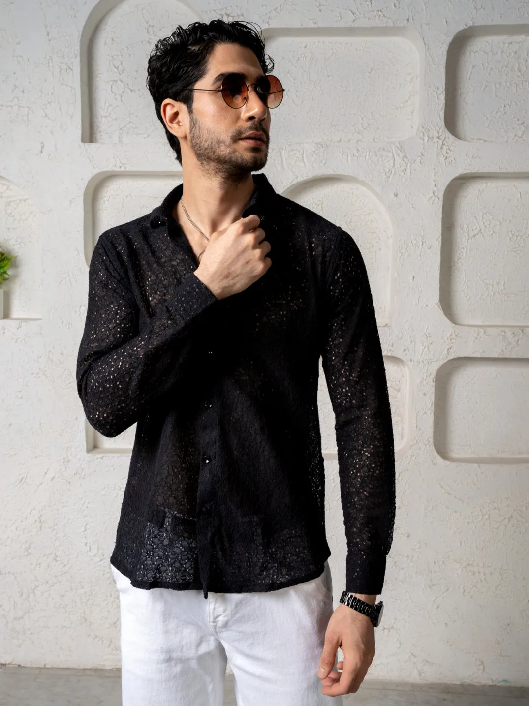 Crochet Cotton Black Floral Lace Shirt For Men - Full Sleeves(Take One Size Bigger Than Your Usual Size)