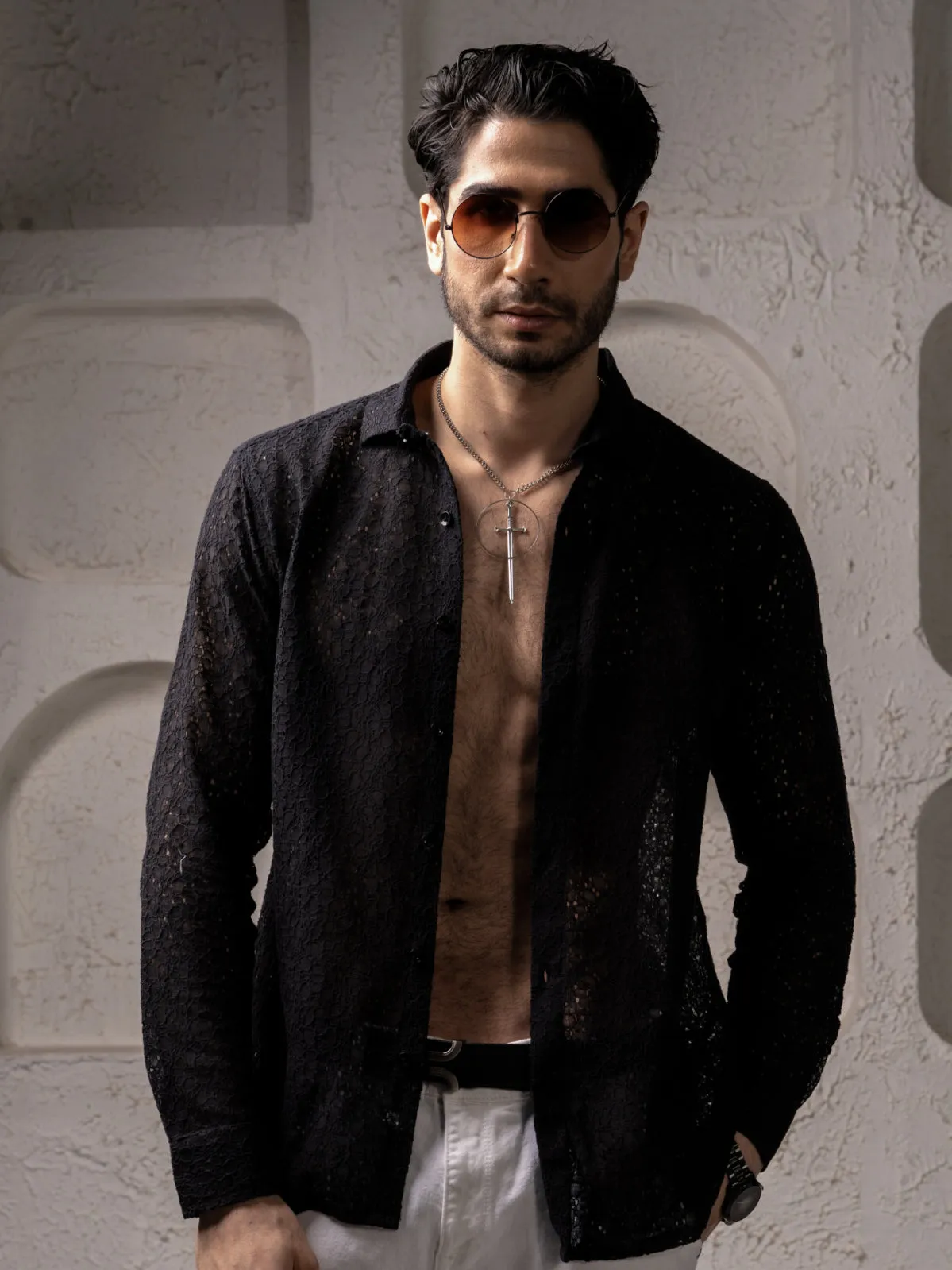 Crochet Cotton Black Floral Lace Shirt For Men - Full Sleeves(Take One Size Bigger Than Your Usual Size)