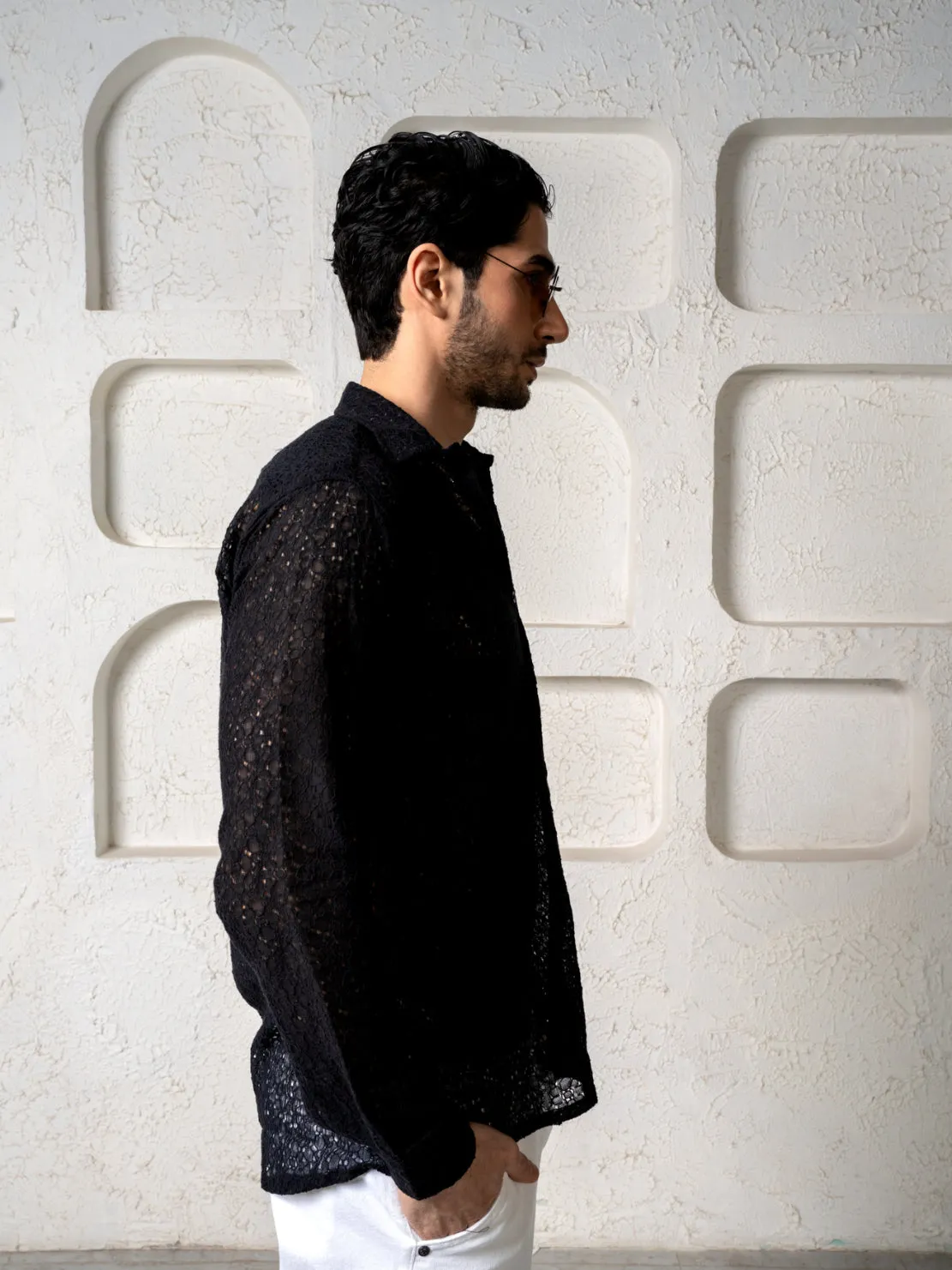 Crochet Cotton Black Floral Lace Shirt For Men - Full Sleeves(Take One Size Bigger Than Your Usual Size)