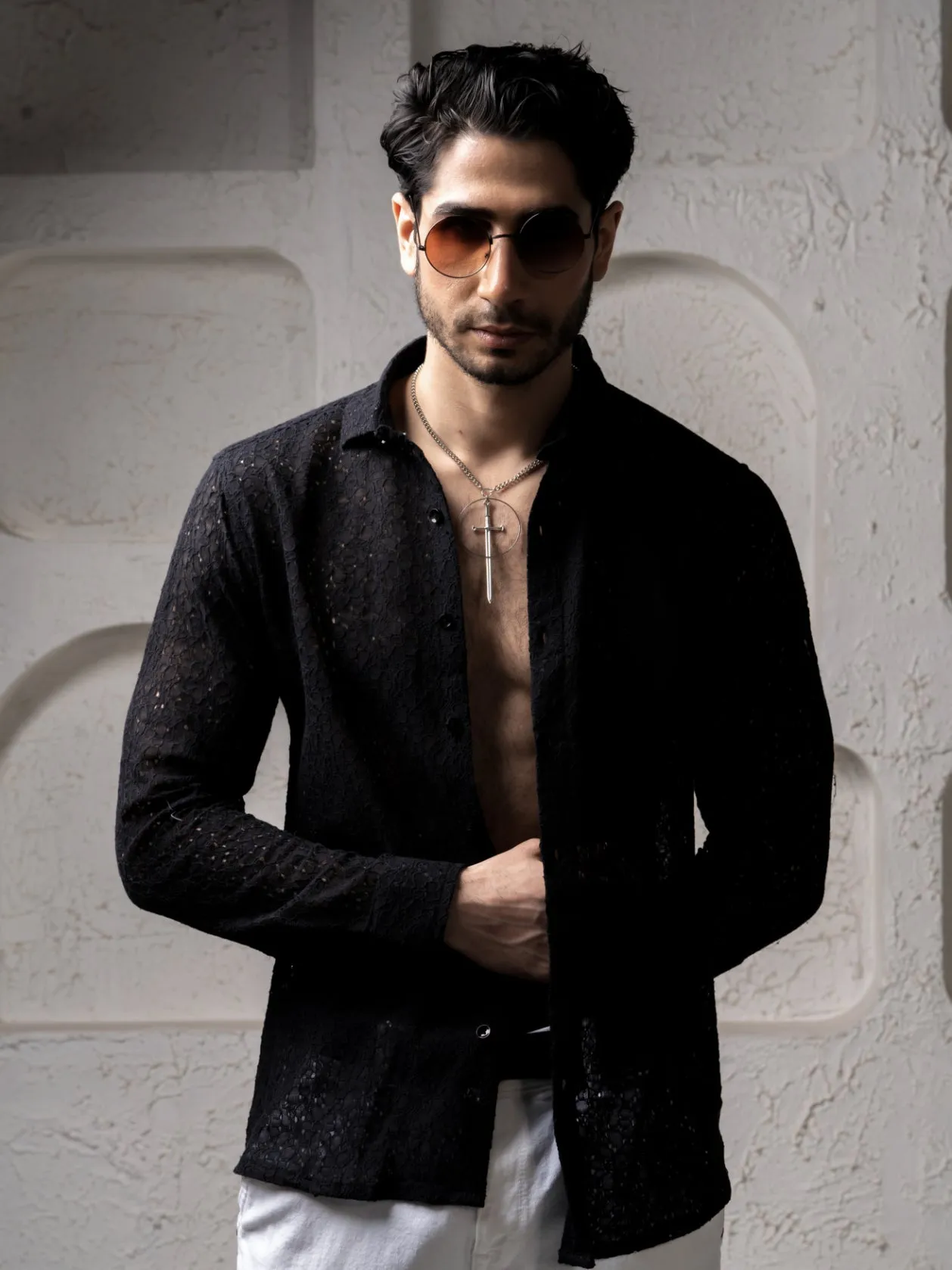 Crochet Cotton Black Floral Lace Shirt For Men - Full Sleeves(Take One Size Bigger Than Your Usual Size)