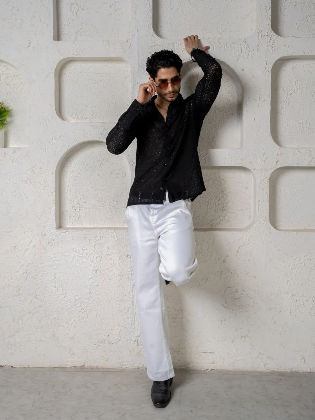 Crochet Cotton Black Floral Lace Shirt For Men - Full Sleeves(Take One Size Bigger Than Your Usual Size)