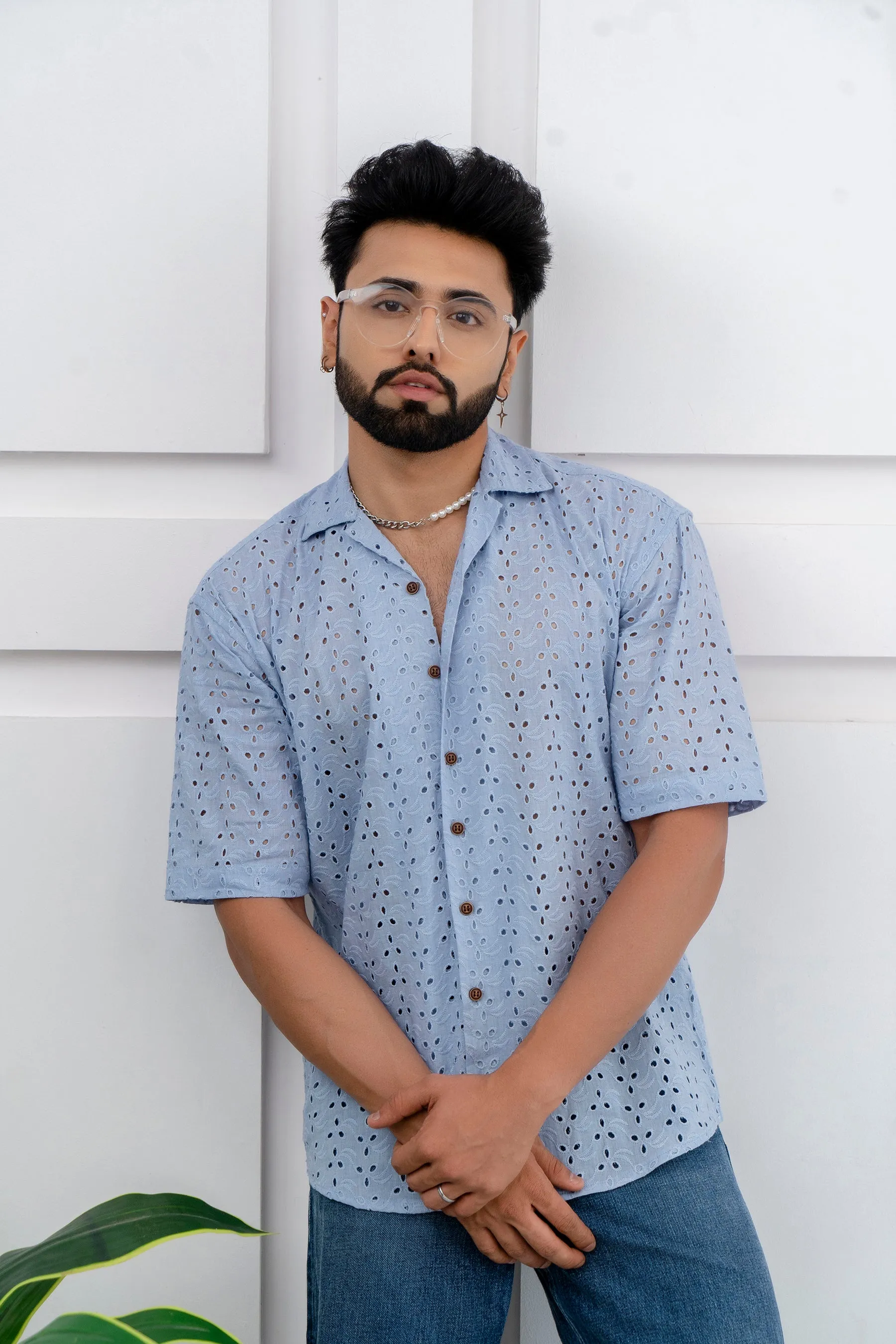 CUTWORK EMBROIDERY SHIRT BLUE WITH CAMP COLLAR