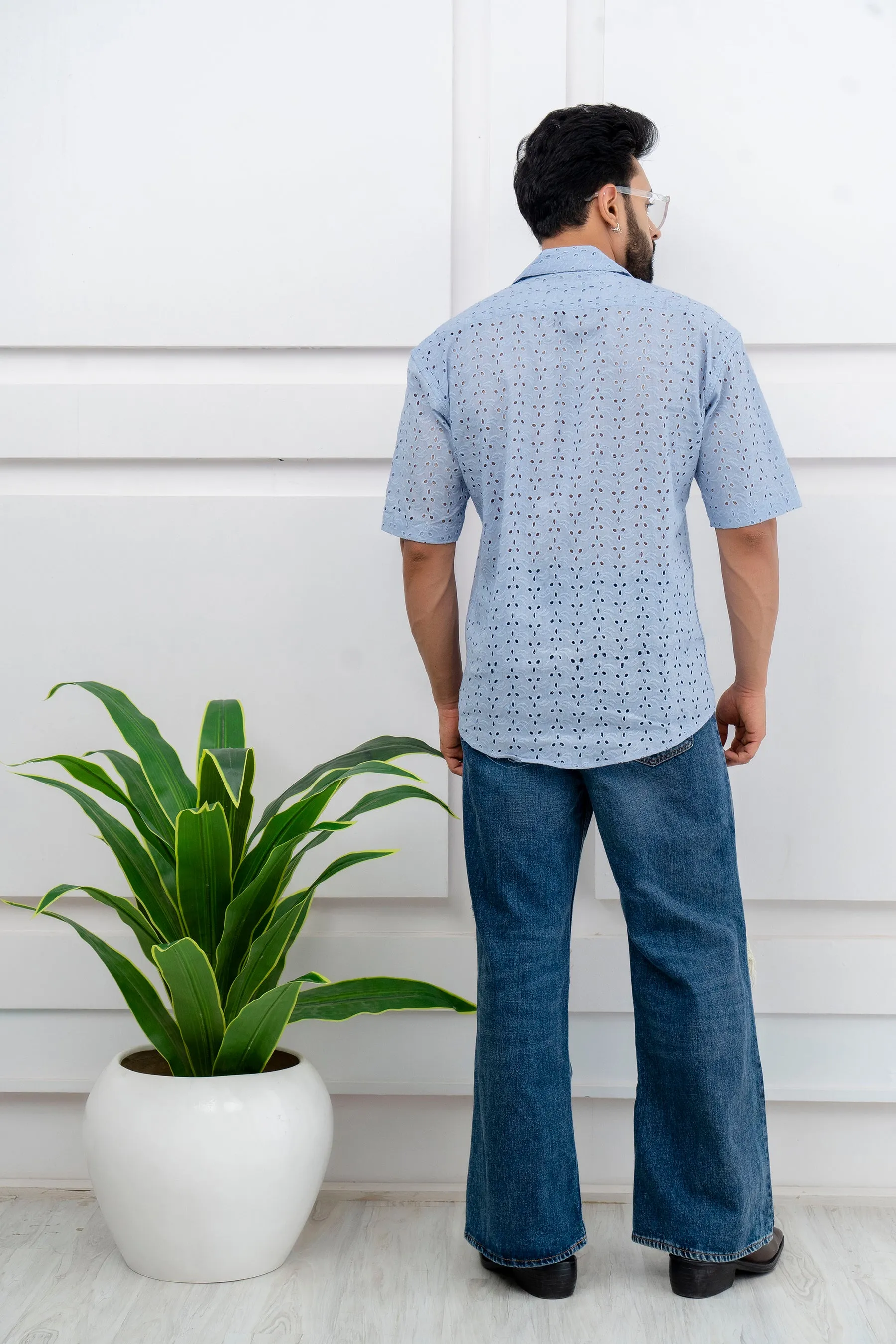 CUTWORK EMBROIDERY SHIRT BLUE WITH CAMP COLLAR
