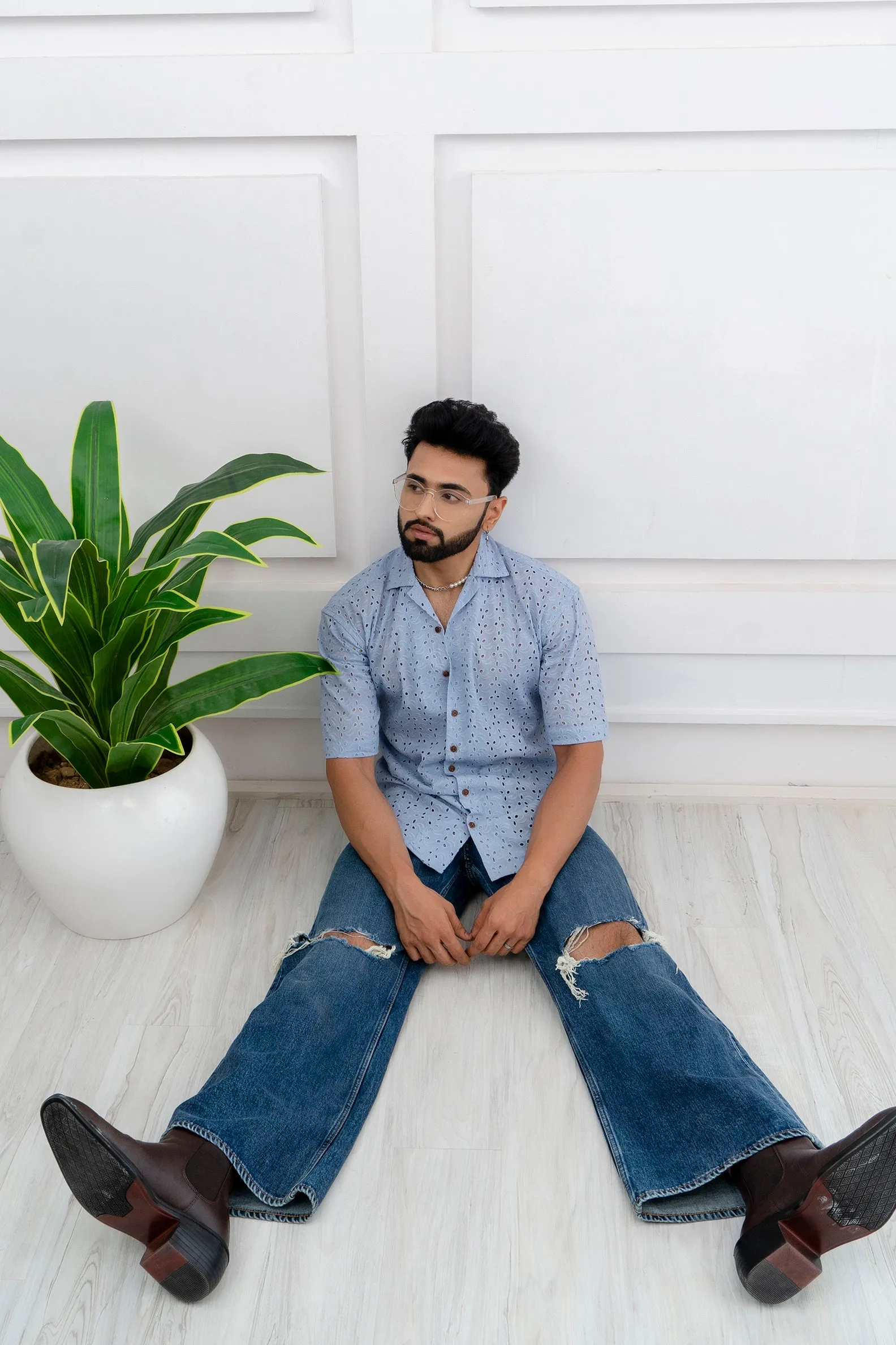 CUTWORK EMBROIDERY SHIRT BLUE WITH CAMP COLLAR