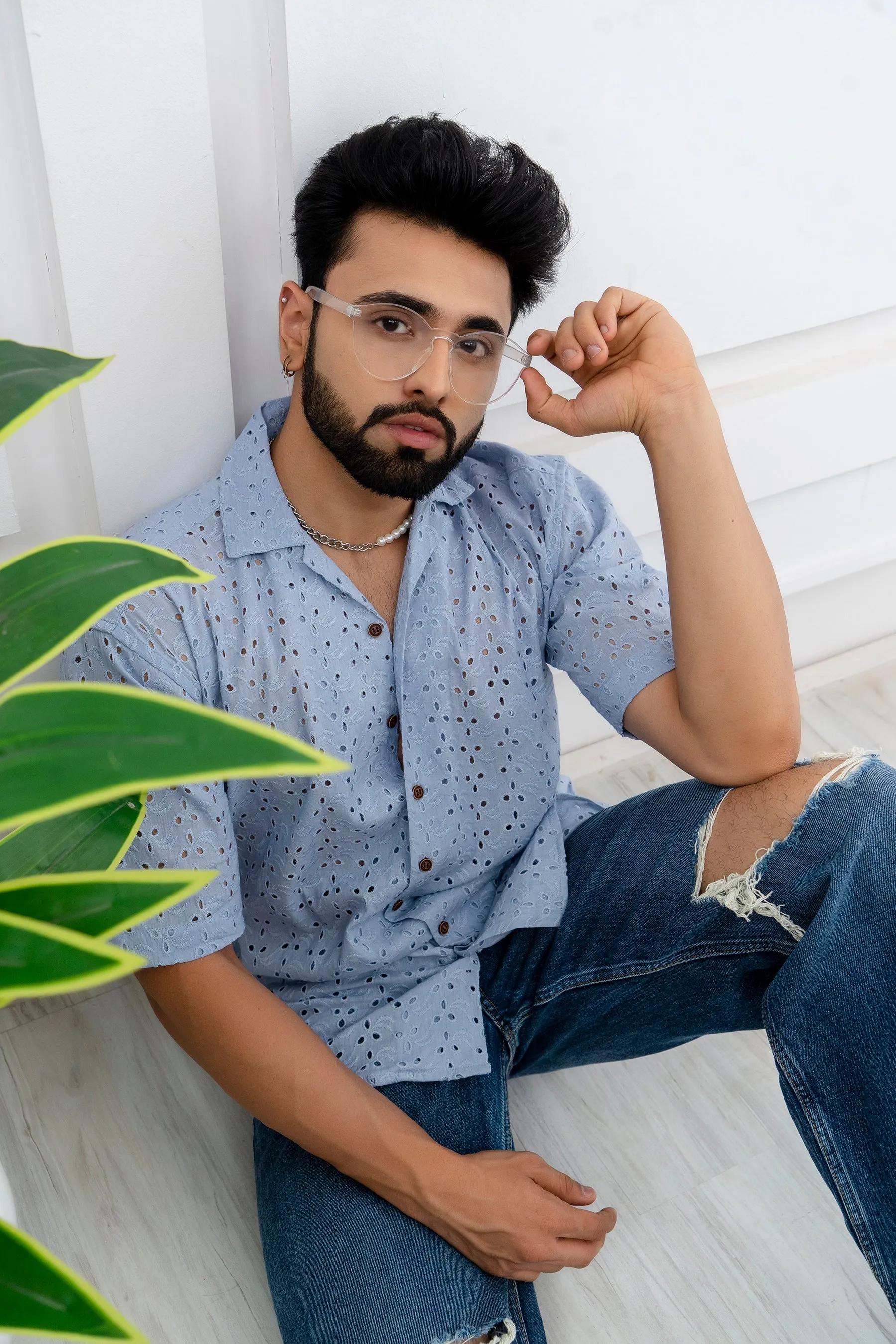 CUTWORK EMBROIDERY SHIRT BLUE WITH CAMP COLLAR