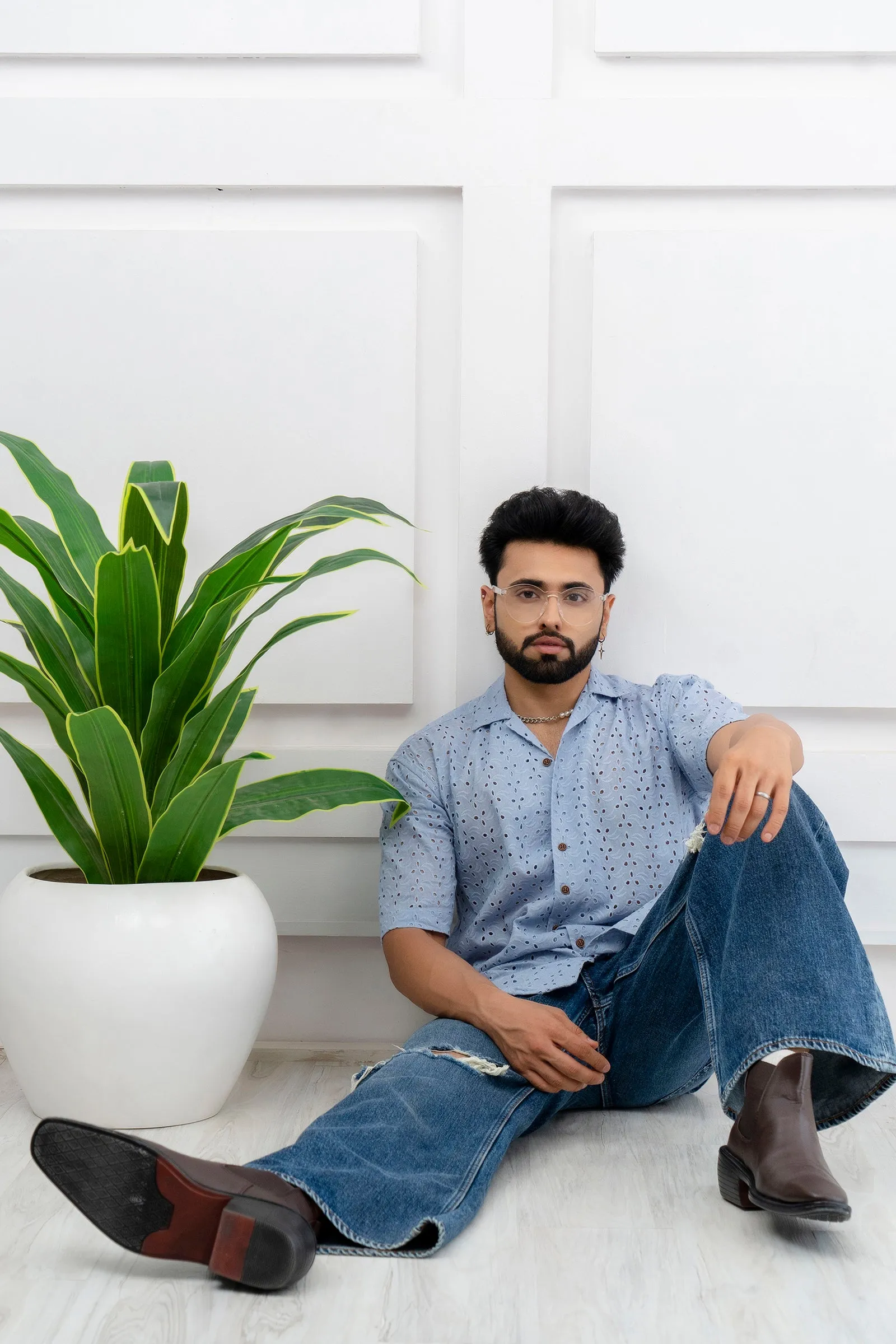 CUTWORK EMBROIDERY SHIRT BLUE WITH CAMP COLLAR