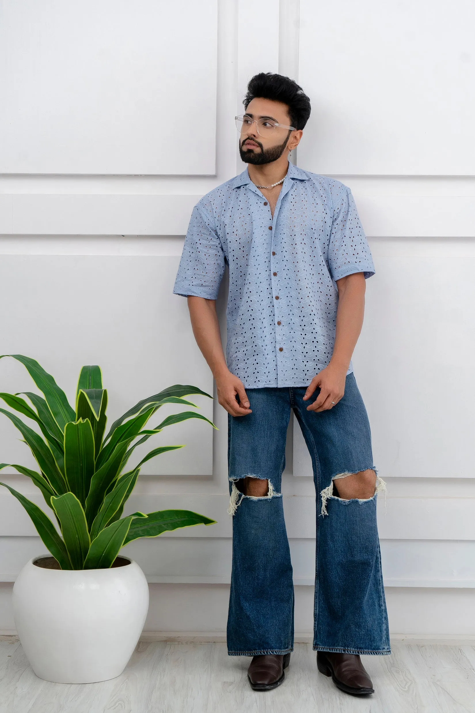 CUTWORK EMBROIDERY SHIRT BLUE WITH CAMP COLLAR