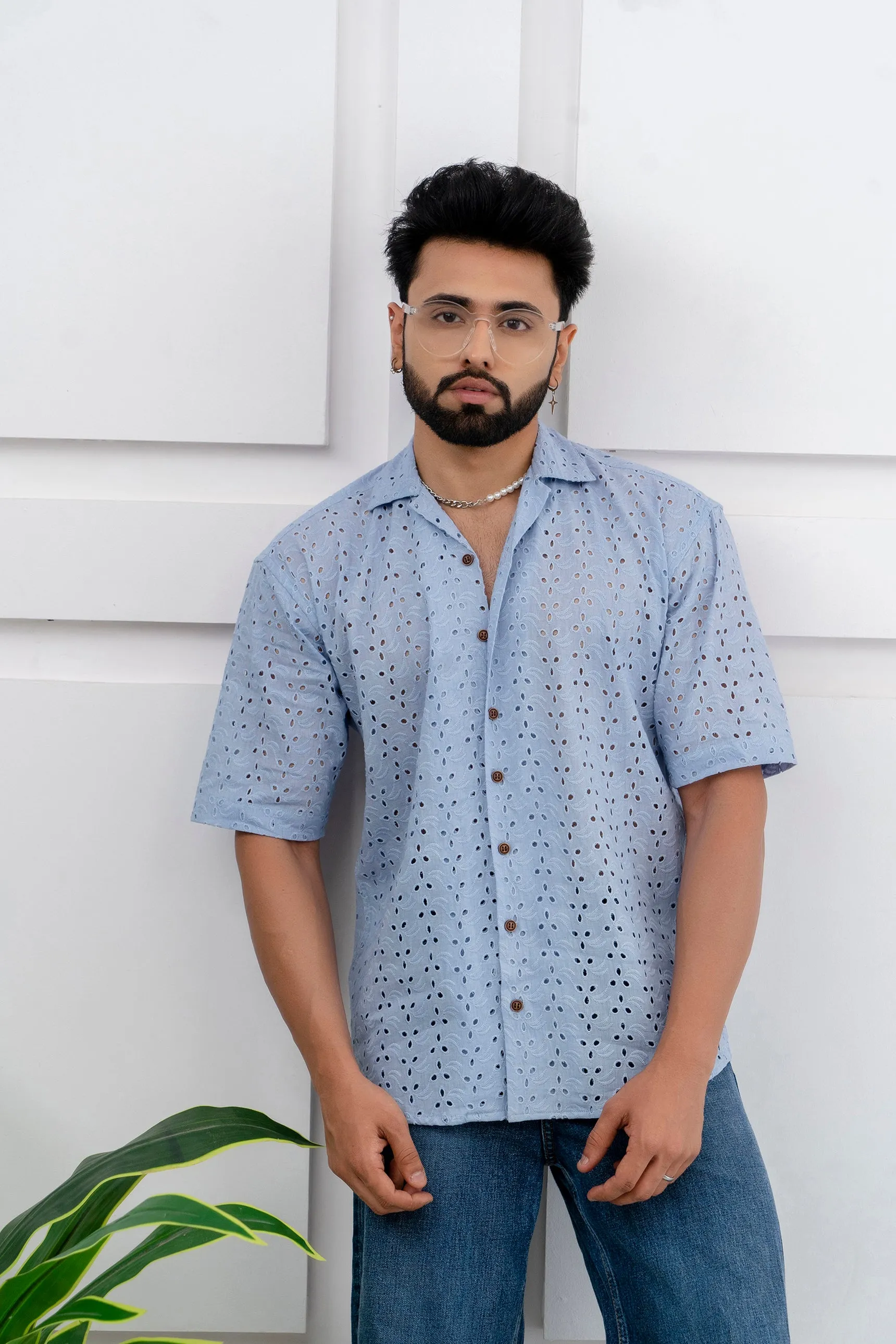CUTWORK EMBROIDERY SHIRT BLUE WITH CAMP COLLAR