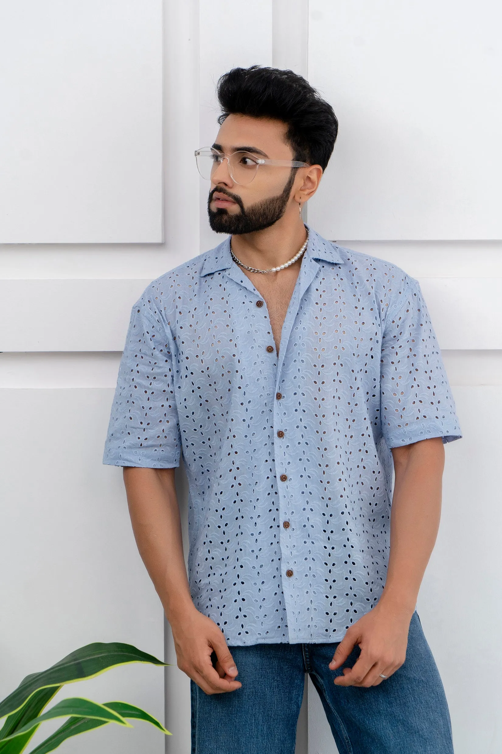 CUTWORK EMBROIDERY SHIRT BLUE WITH CAMP COLLAR