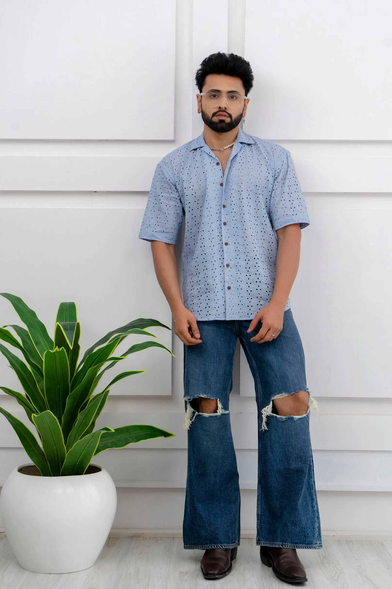 CUTWORK EMBROIDERY SHIRT BLUE WITH CAMP COLLAR