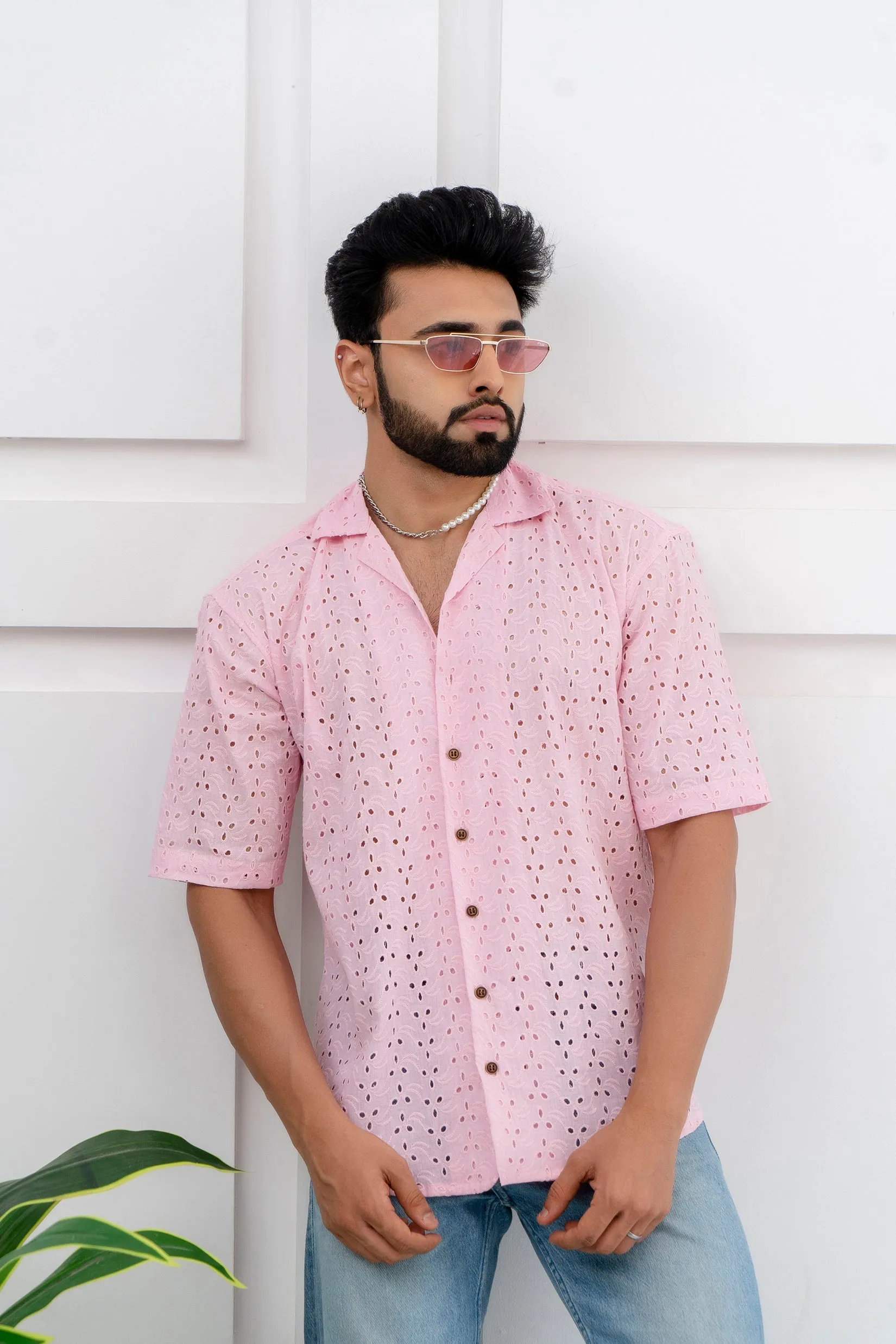 CUTWORK EMBROIDERY SHIRT PINK WITH CAMP COLLAR