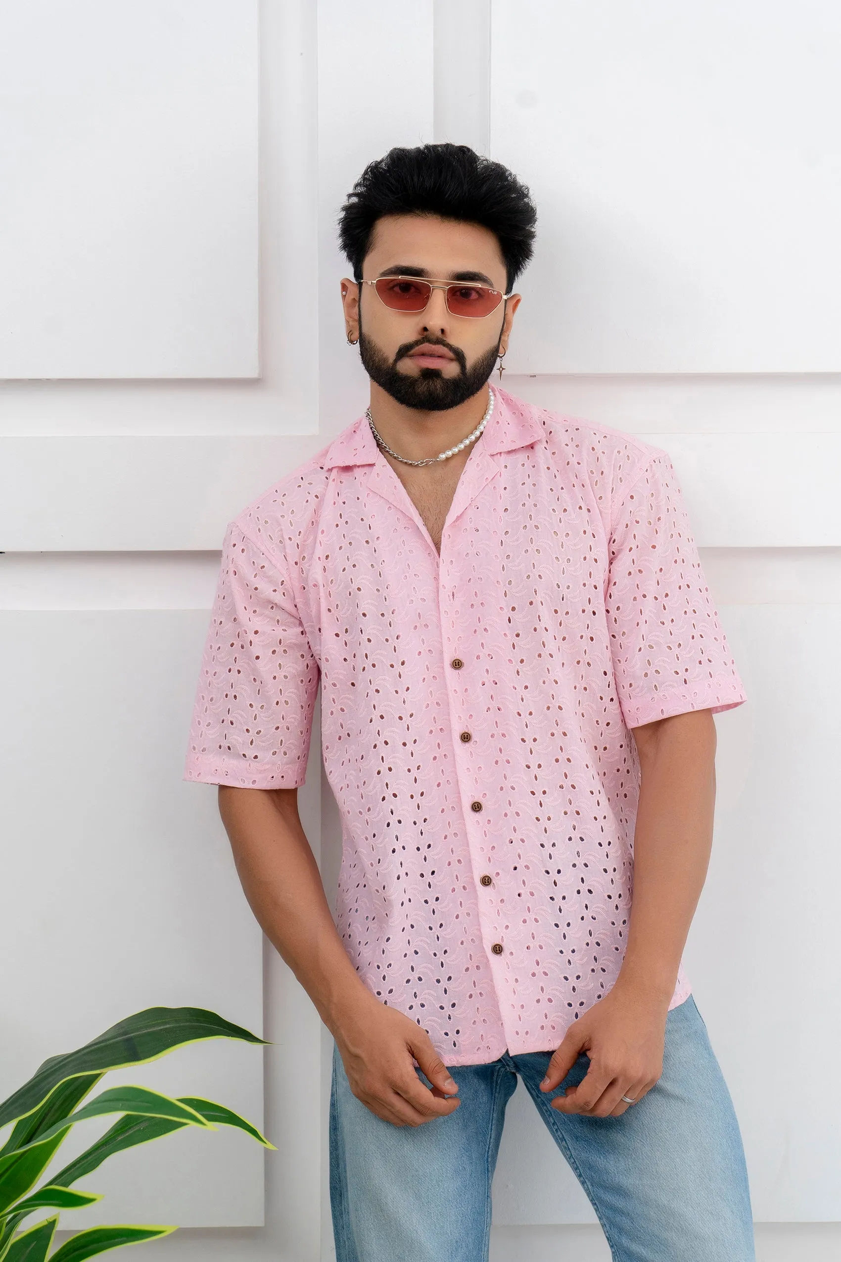 CUTWORK EMBROIDERY SHIRT PINK WITH CAMP COLLAR
