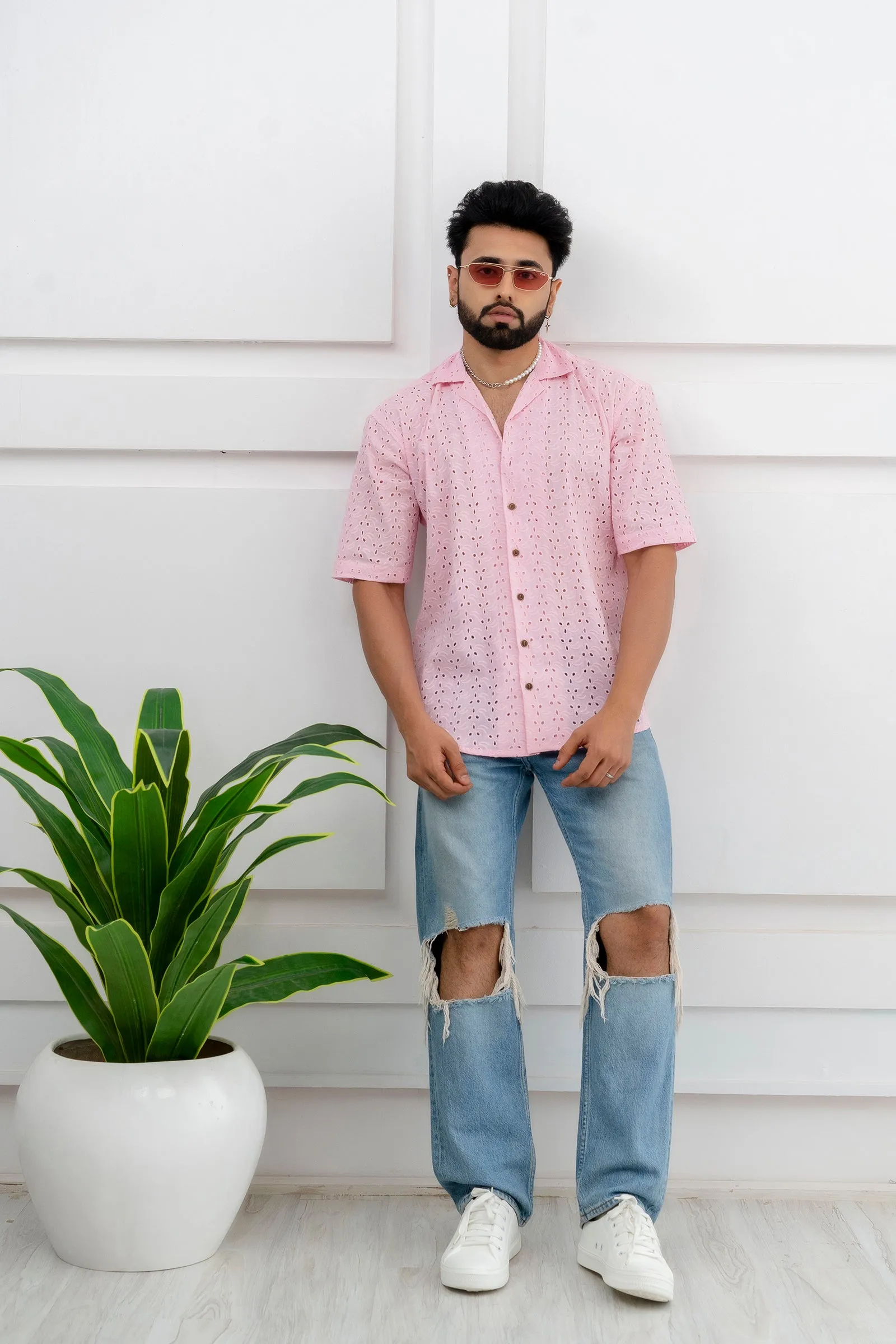 CUTWORK EMBROIDERY SHIRT PINK WITH CAMP COLLAR