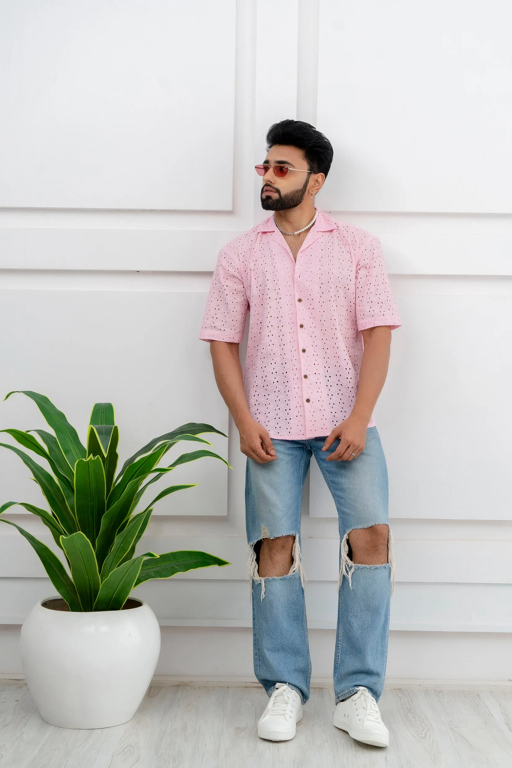 CUTWORK EMBROIDERY SHIRT PINK WITH CAMP COLLAR