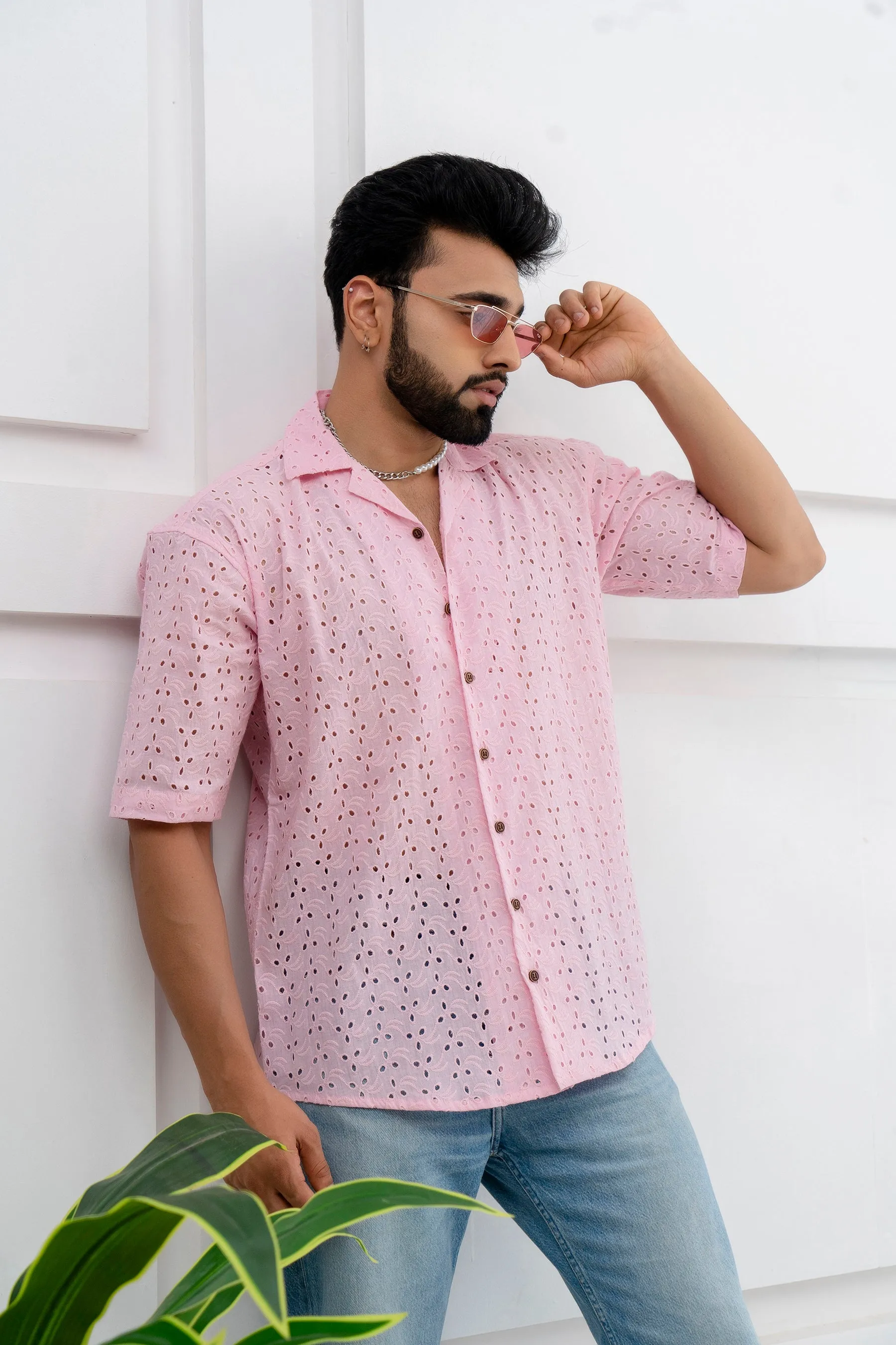 CUTWORK EMBROIDERY SHIRT PINK WITH CAMP COLLAR