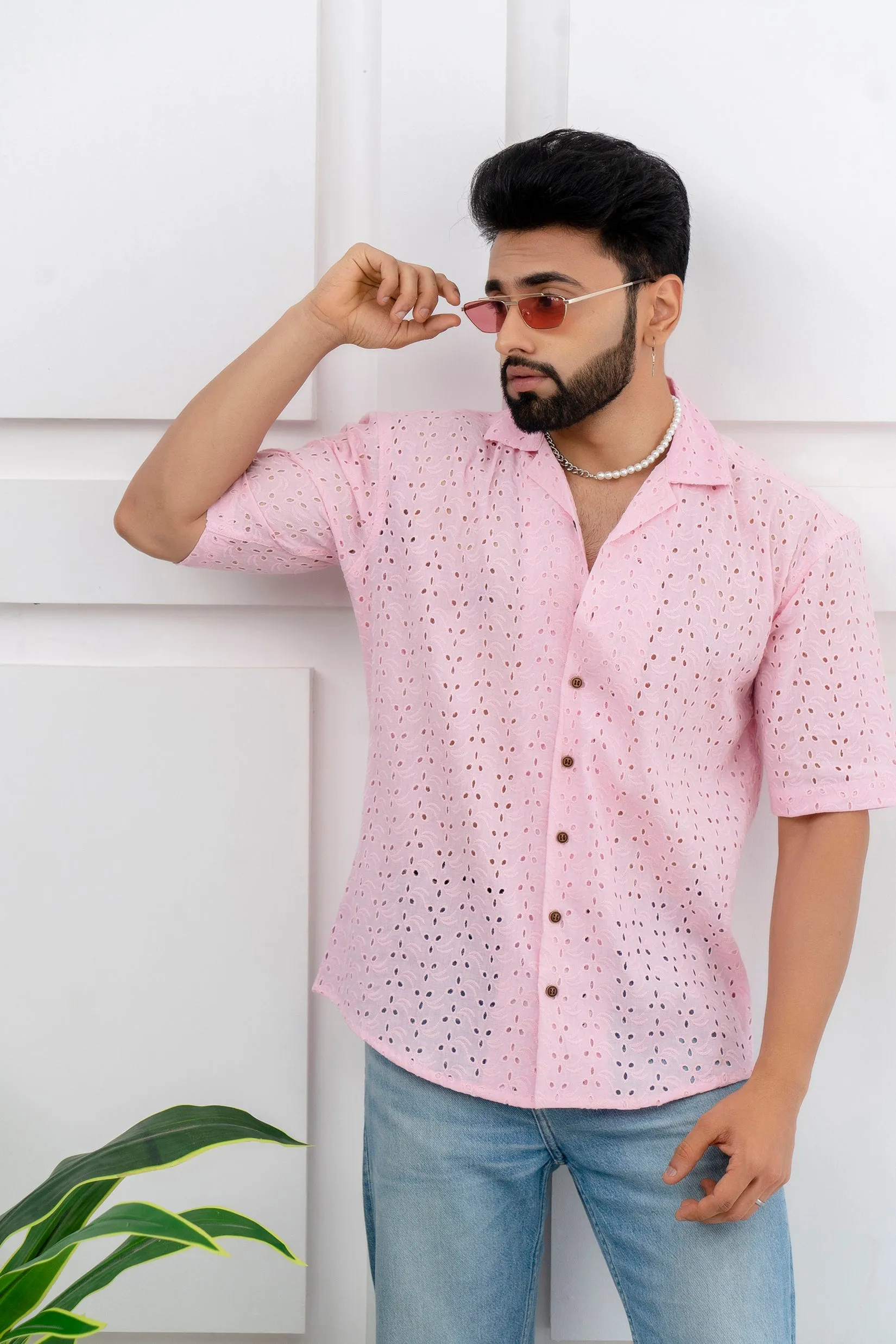 CUTWORK EMBROIDERY SHIRT PINK WITH CAMP COLLAR
