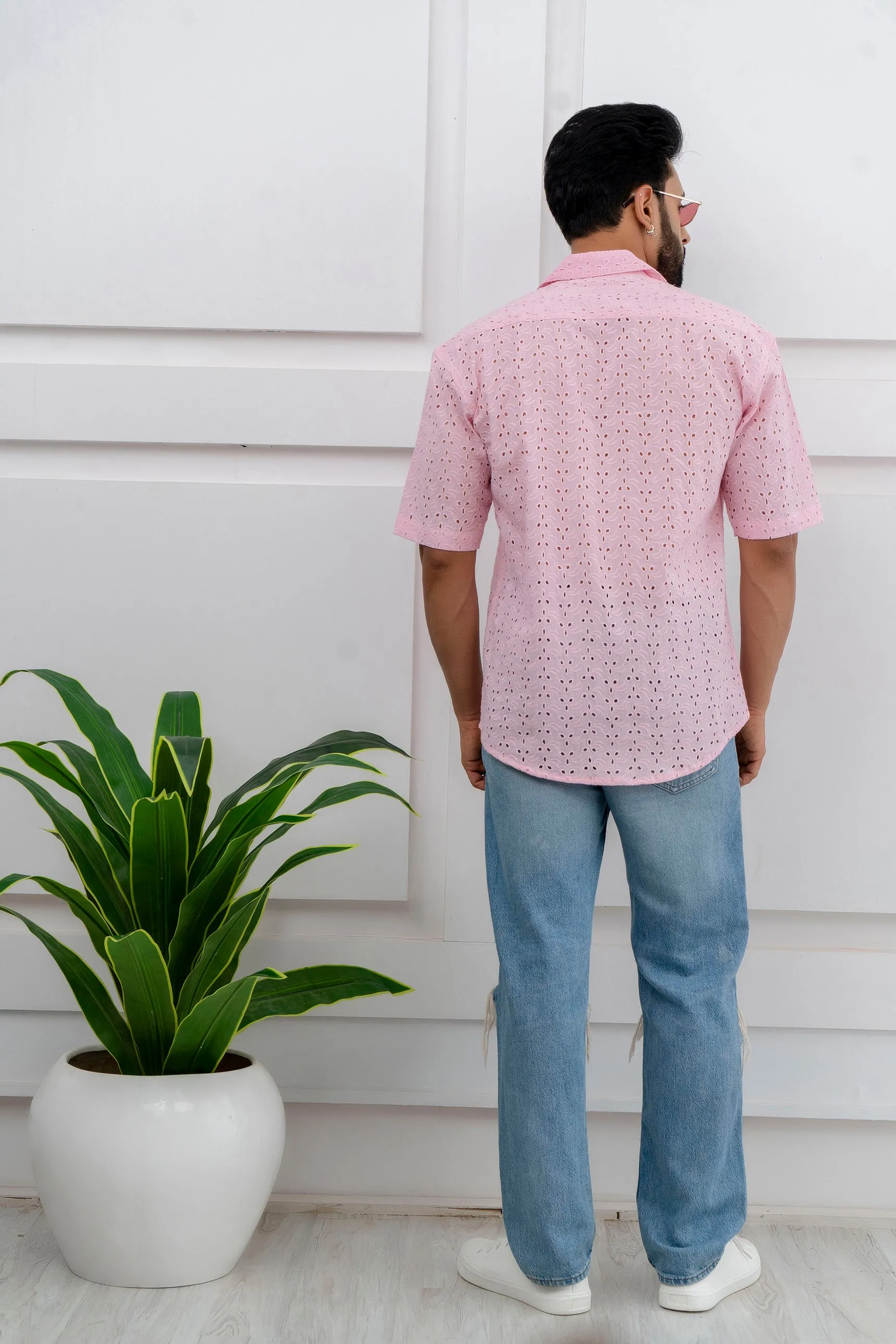 CUTWORK EMBROIDERY SHIRT PINK WITH CAMP COLLAR