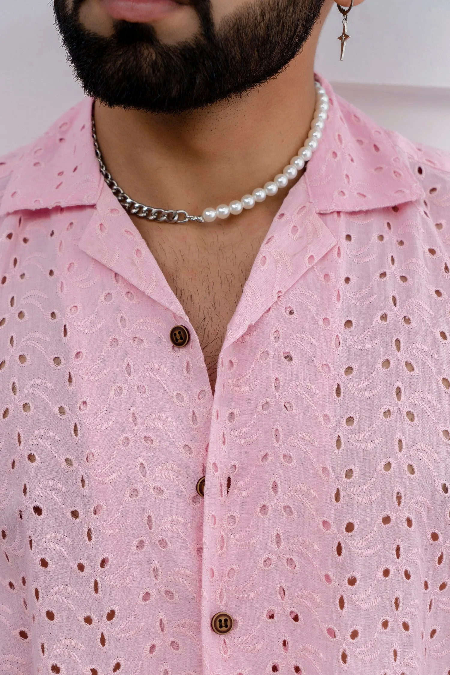 CUTWORK EMBROIDERY SHIRT PINK WITH CAMP COLLAR
