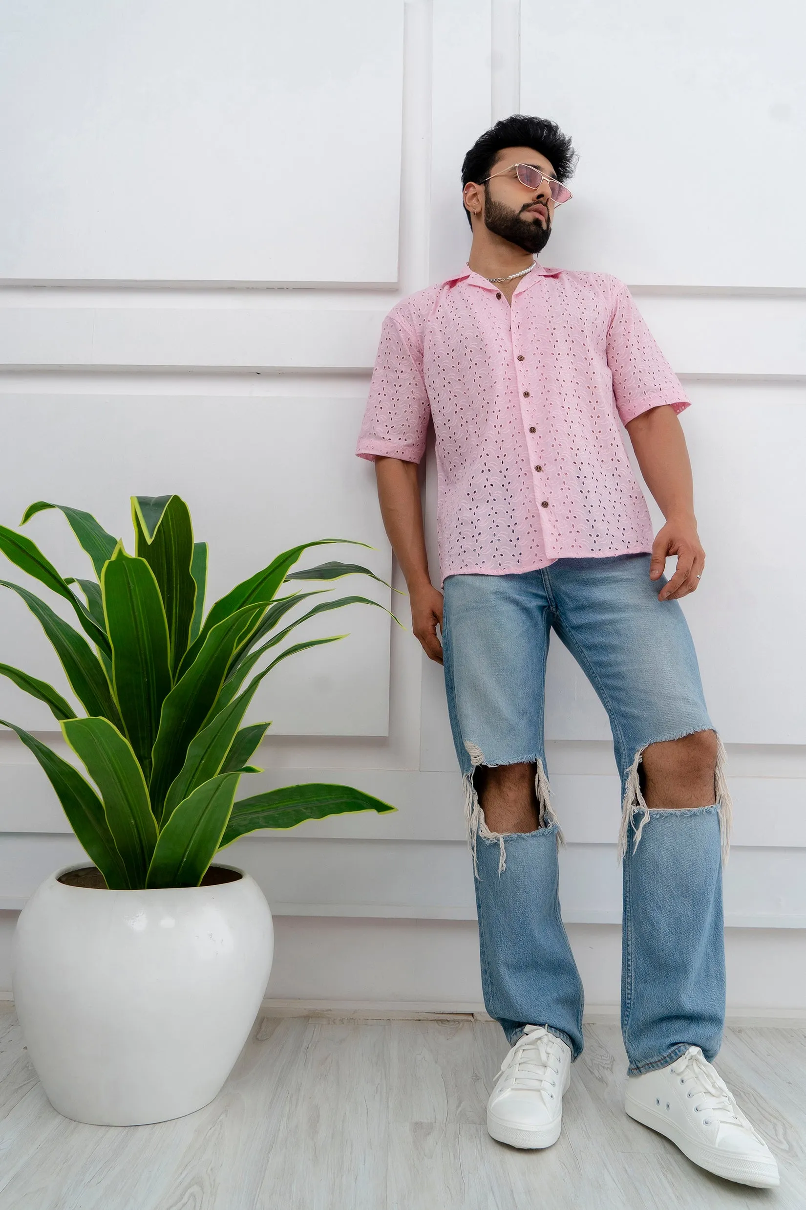 CUTWORK EMBROIDERY SHIRT PINK WITH CAMP COLLAR
