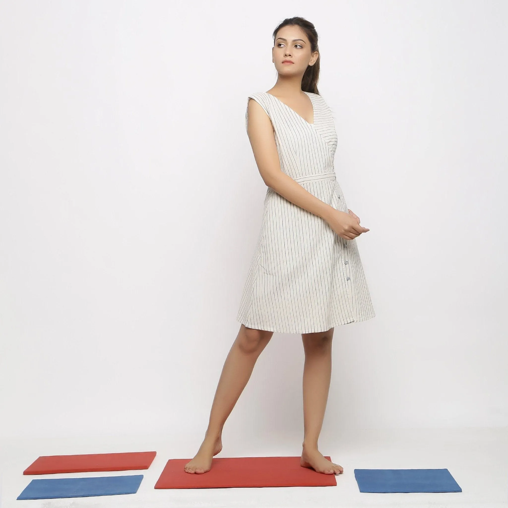 Ecru Striped Handspun Cotton Knee-Length Wrap Dress