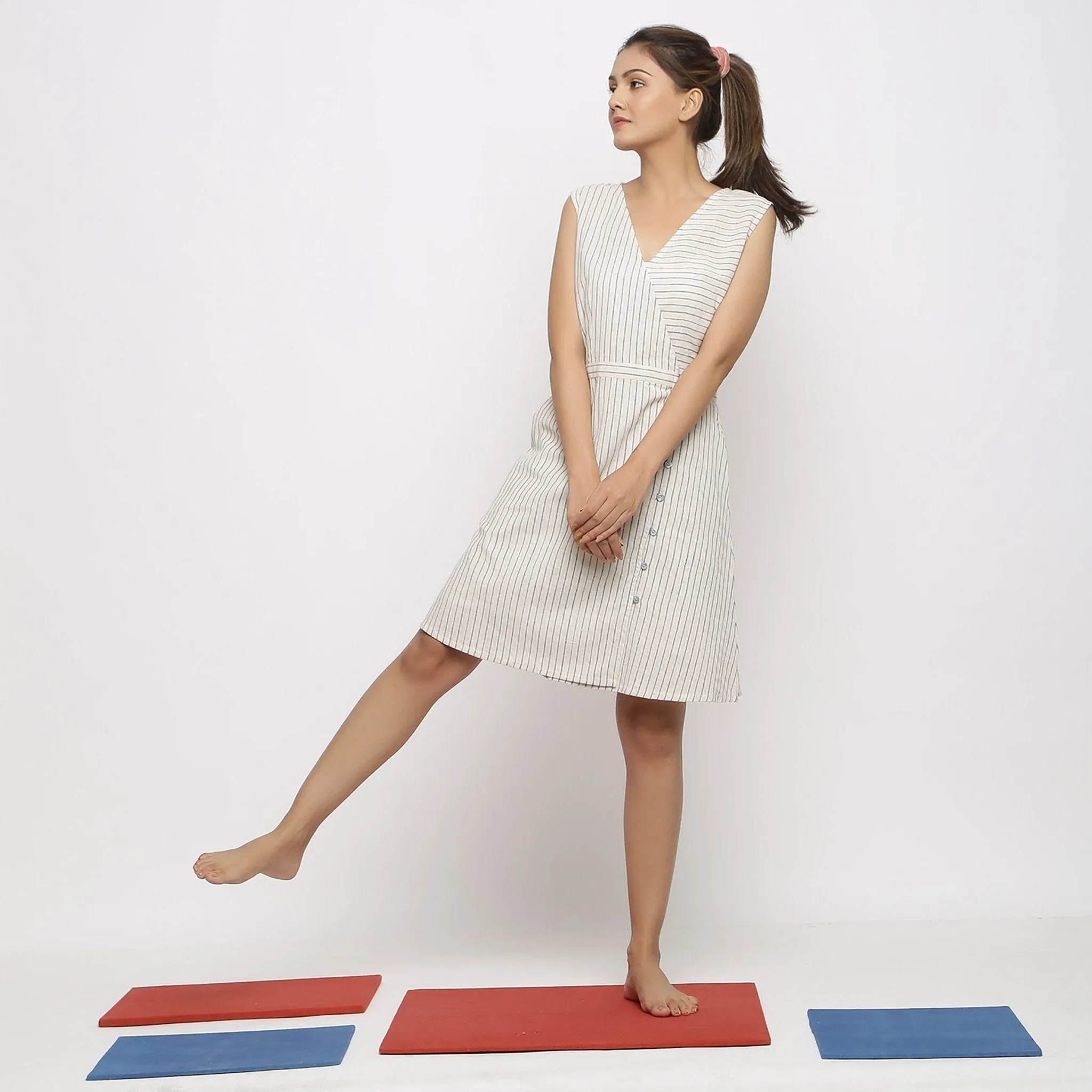 Ecru Striped Handspun Cotton Knee-Length Wrap Dress