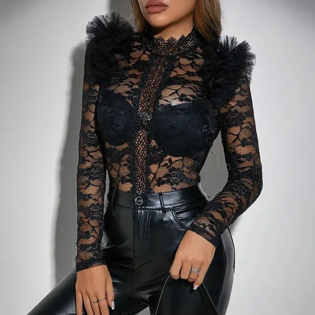Elegant Mesh Panel Long Sleeve Shee Black Lace Bodysuit