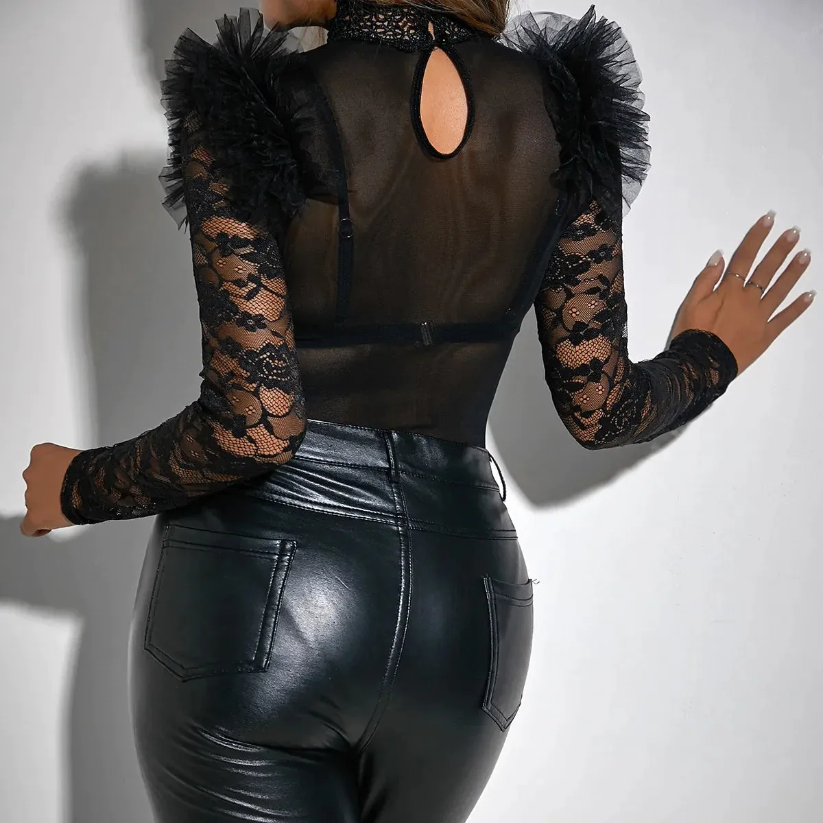 Elegant Mesh Panel Long Sleeve Shee Black Lace Bodysuit