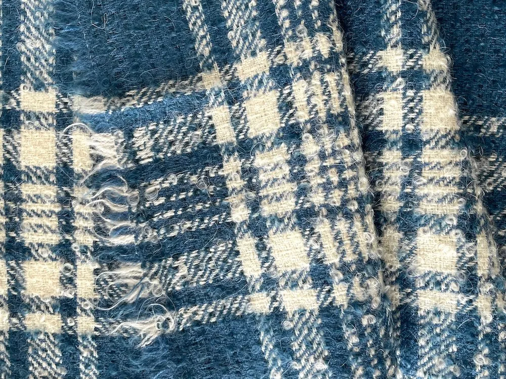 Elegant Plaid Cadet Blue & Pale Ivory Wool & Mohair Bouclé (Made in Italy)