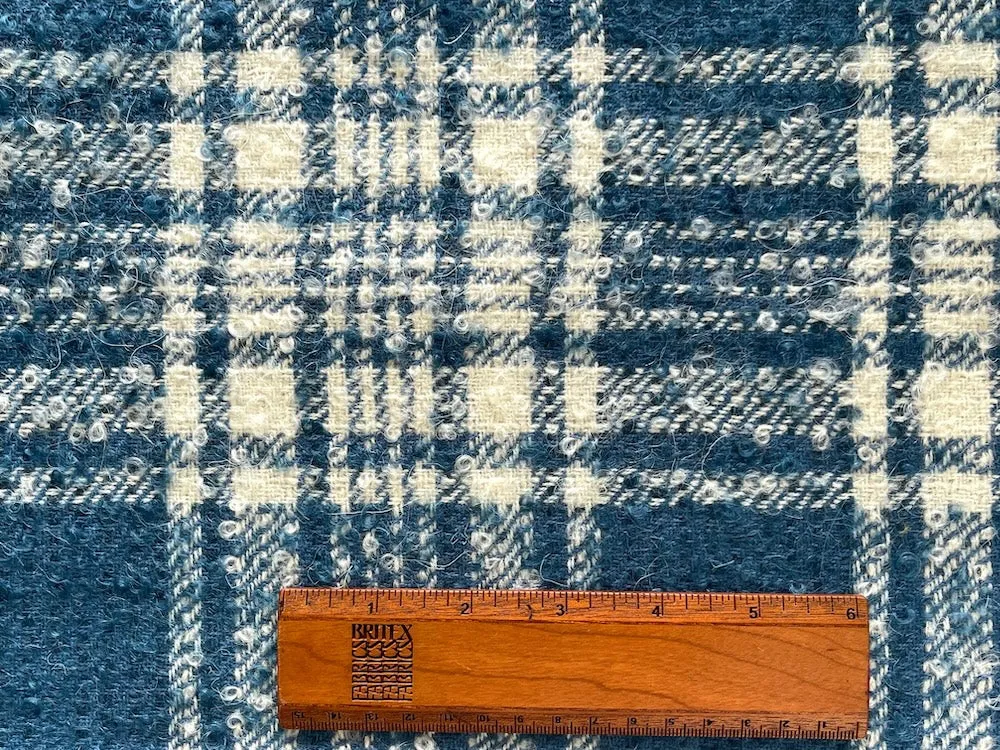 Elegant Plaid Cadet Blue & Pale Ivory Wool & Mohair Bouclé (Made in Italy)