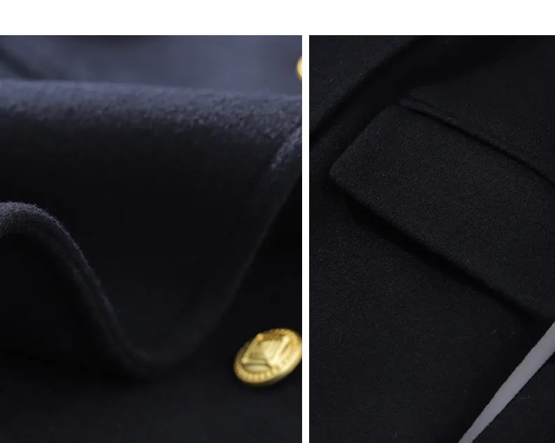 Fall Autumn Lapel Neck Navy Blue Three-Dimensional Double-breasted Wool Coat -Mel