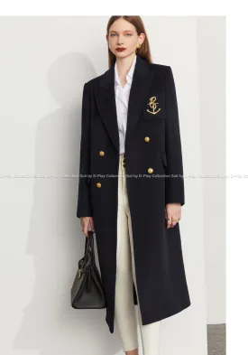 Fall Autumn Lapel Neck Navy Blue Three-Dimensional Double-breasted Wool Coat -Mel