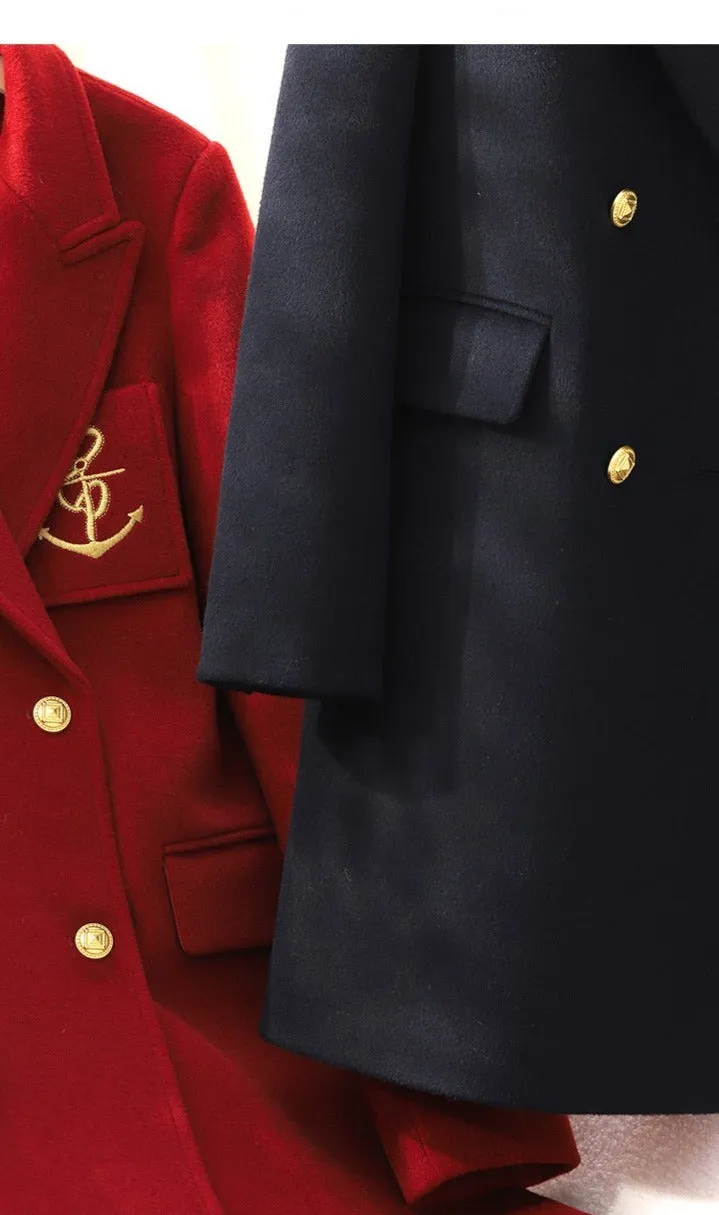 Fall Autumn Lapel Neck Navy Blue Three-Dimensional Double-breasted Wool Coat -Mel
