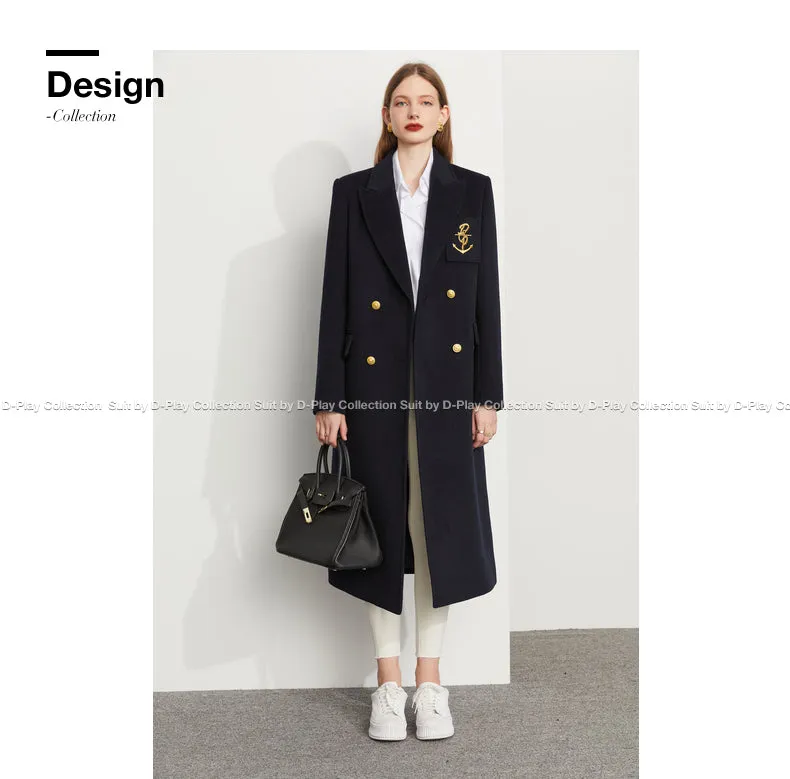 Fall Autumn Lapel Neck Navy Blue Three-Dimensional Double-breasted Wool Coat -Mel