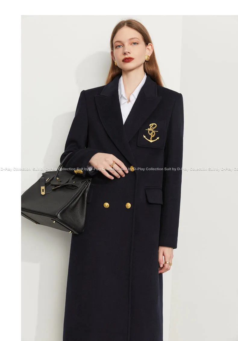 Fall Autumn Lapel Neck Navy Blue Three-Dimensional Double-breasted Wool Coat -Mel