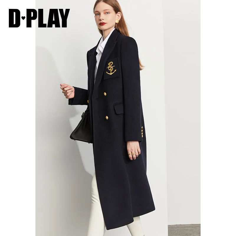 Fall Autumn Lapel Neck Navy Blue Three-Dimensional Double-breasted Wool Coat -Mel