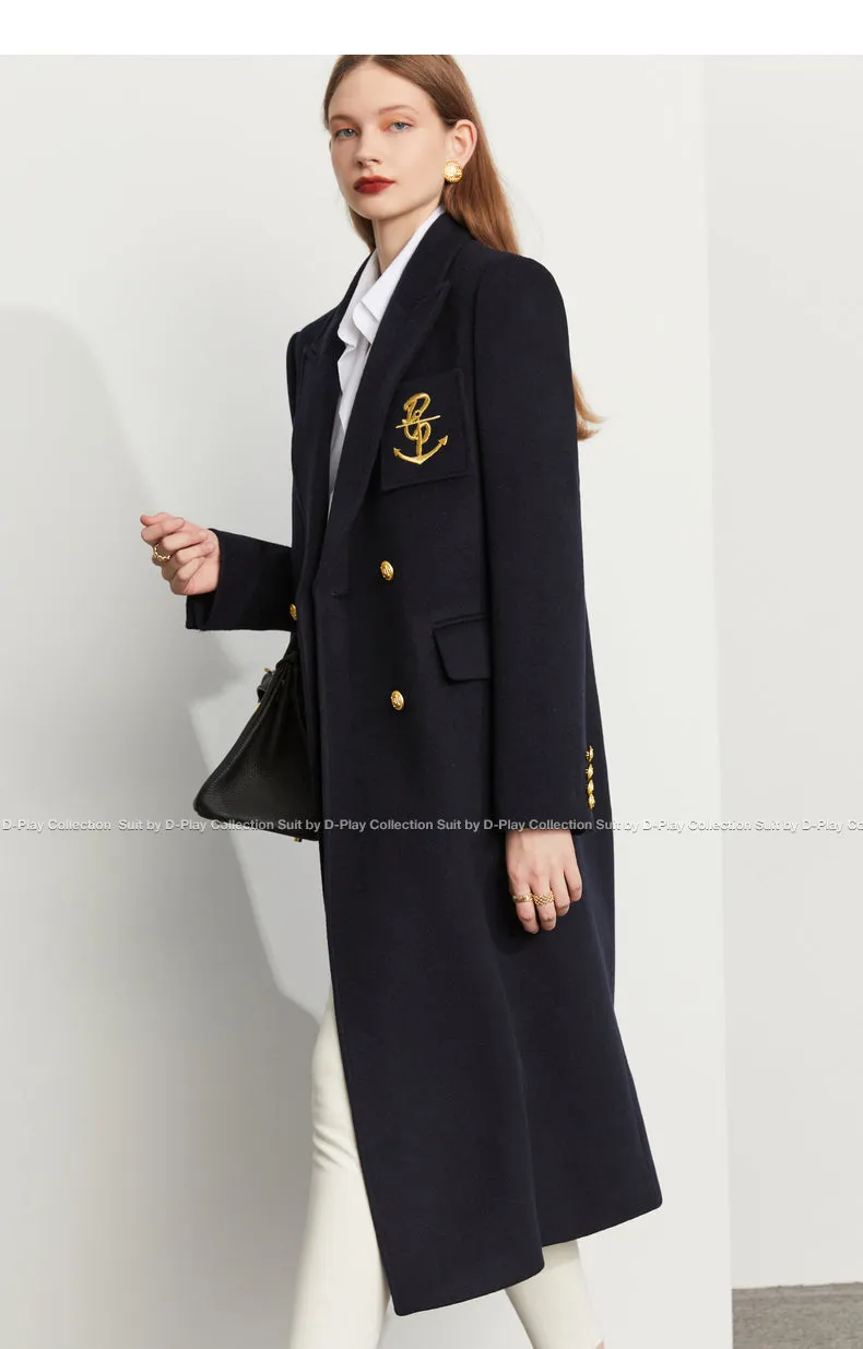Fall Autumn Lapel Neck Navy Blue Three-Dimensional Double-breasted Wool Coat -Mel