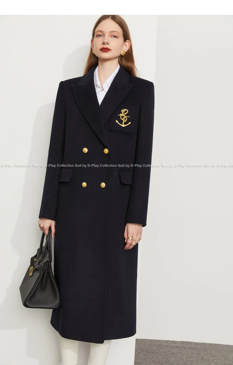 Fall Autumn Lapel Neck Navy Blue Three-Dimensional Double-breasted Wool Coat -Mel
