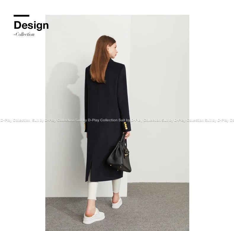Fall Autumn Lapel Neck Navy Blue Three-Dimensional Double-breasted Wool Coat -Mel