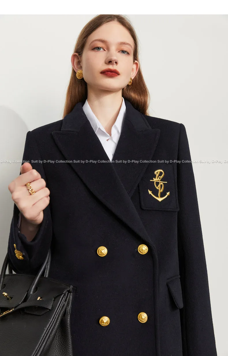 Fall Autumn Lapel Neck Navy Blue Three-Dimensional Double-breasted Wool Coat -Mel