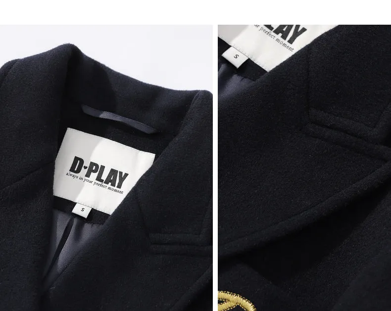 Fall Autumn Lapel Neck Navy Blue Three-Dimensional Double-breasted Wool Coat -Mel